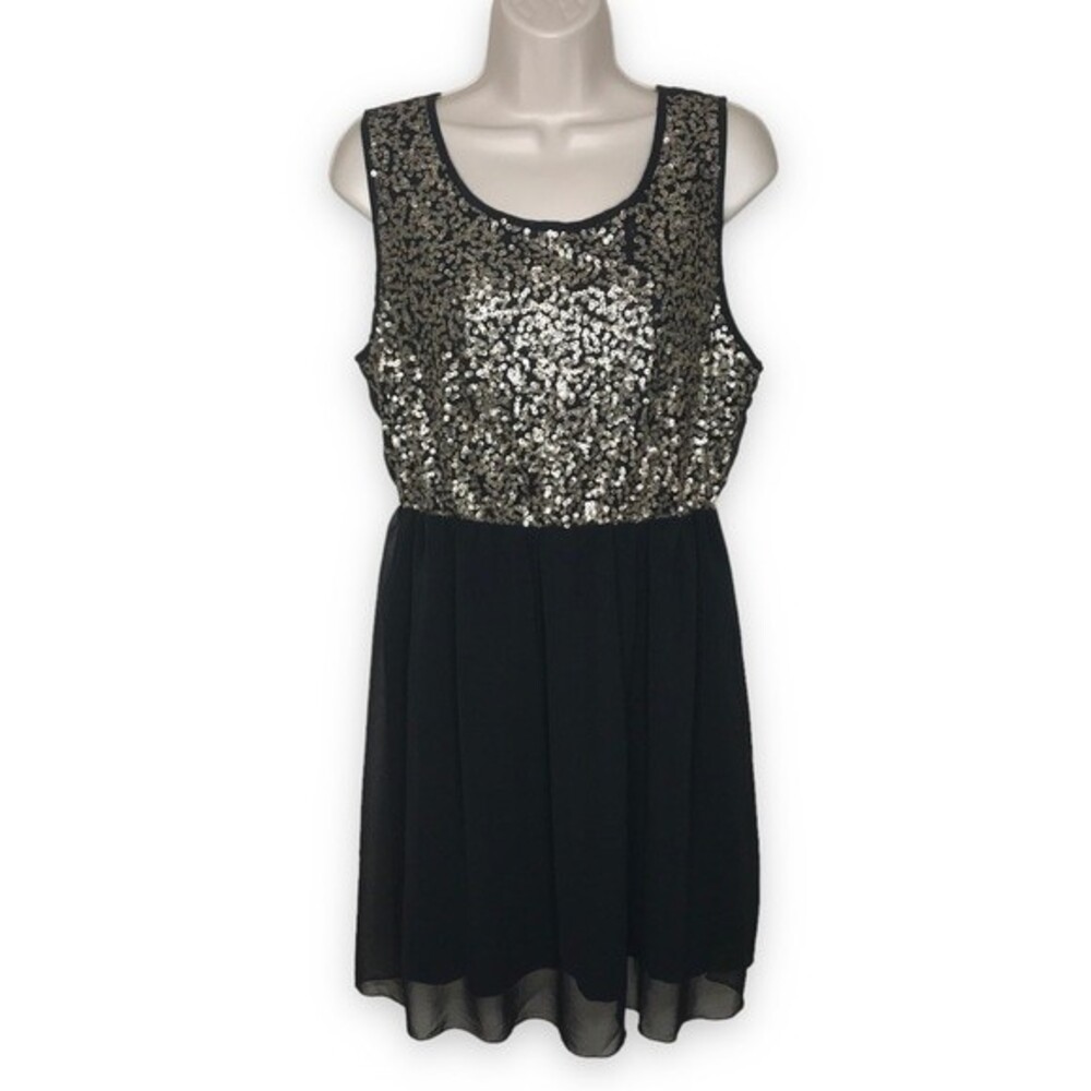 NWT Pinky Gold Sequin Black Chiffon Short Sleeveless Party Dress Women Large